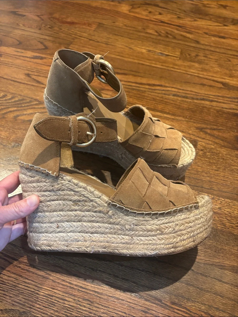 Marc Fisher Adalla platform wedge espadrille sandals tan/taupe suede finish 8